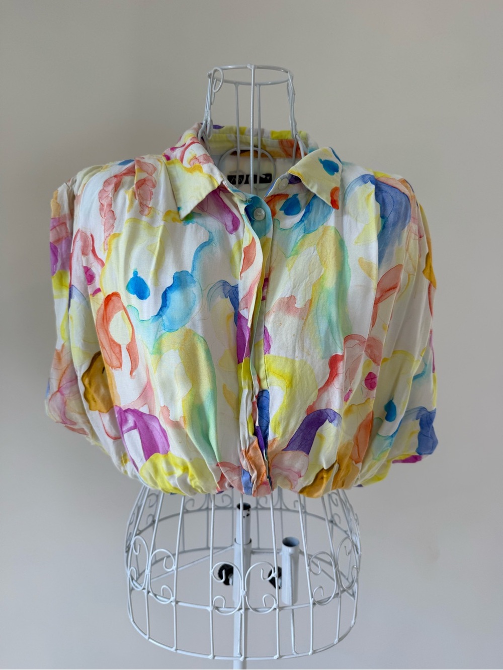 Zara Watercolor Floral Cropped Blouse Ruched Balloon Sleeve Viscose M